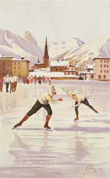 Patinadores compitiendo en la pista de hielo en Davos, Suiza